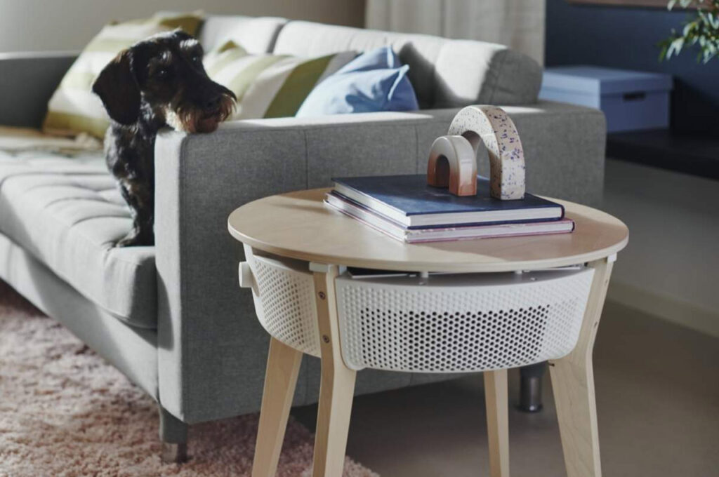 a photo of the IKEA STARKVIND air purifier end table for the blog on home office design trends