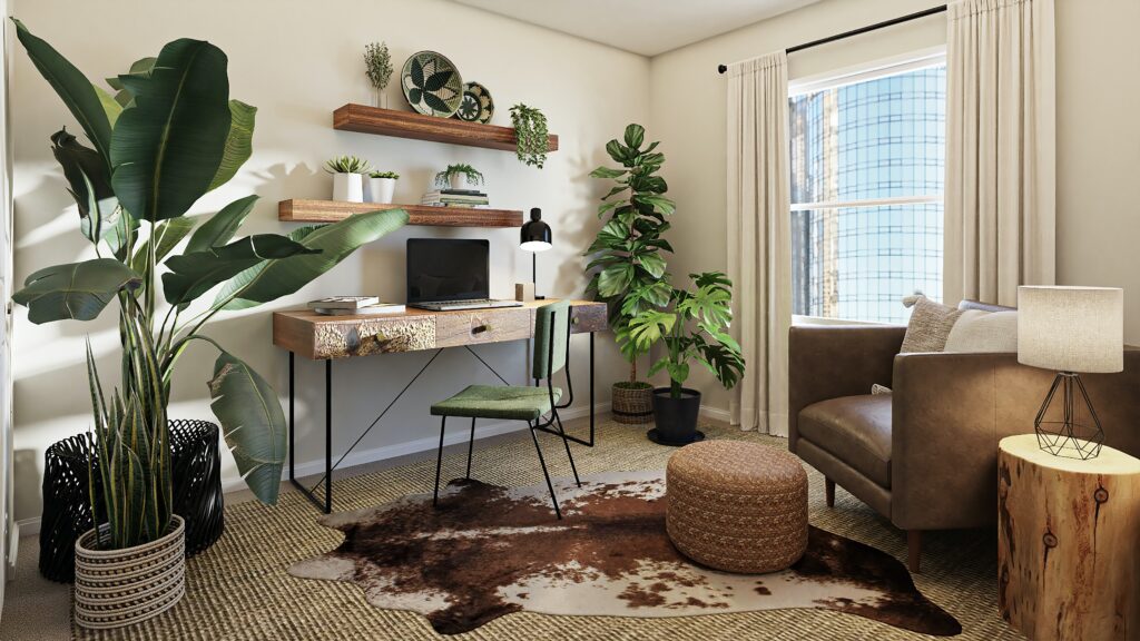 photo of an office with plants all around the desk for the blog on home office design trends